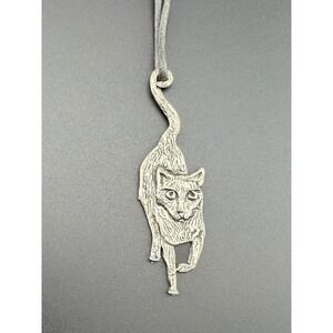 Artisan Cat Pendant Silver Tone 1996 Vintage Retro Long Tail Textured Feline